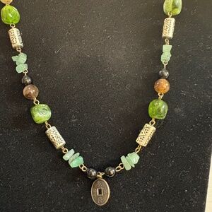 Artisan Boho Necklace with Chinese Qianlong Coin Charm & Green Stone Beads‎